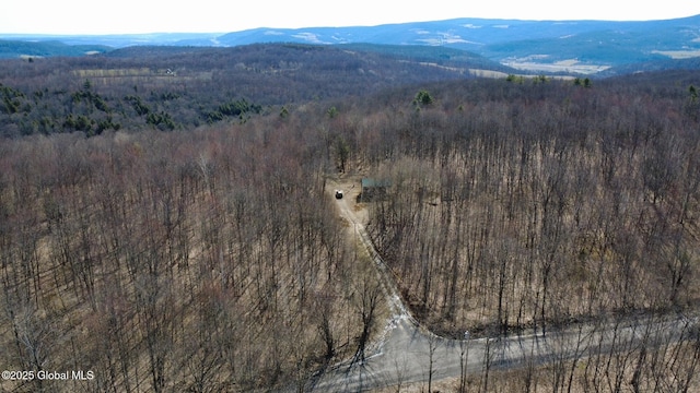 drone / aerial view featuring a view of trees and a mountain view