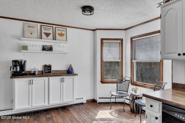 office with a textured ceiling, dark wood-style flooring, baseboards, crown molding, and a baseboard radiator