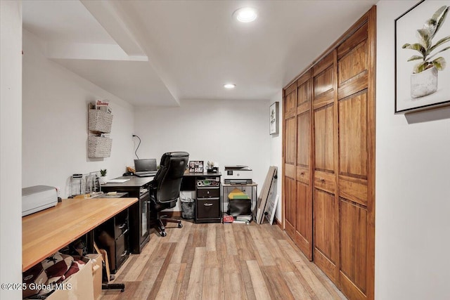 office area featuring light wood-type flooring and recessed lighting