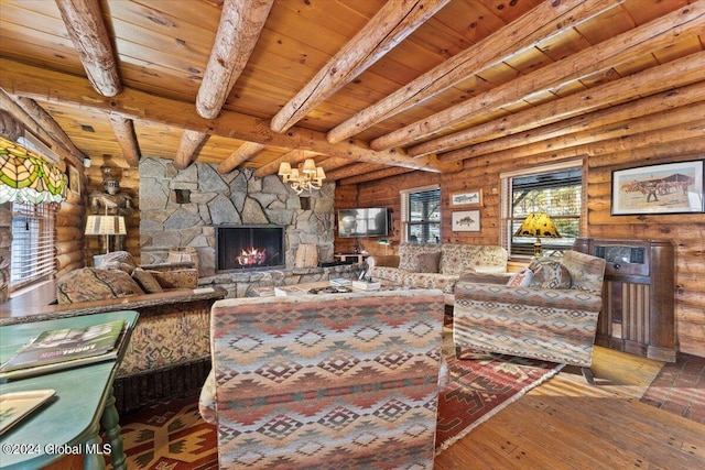 living room featuring rustic walls, a fireplace, beamed ceiling, hardwood / wood-style flooring, and wooden ceiling