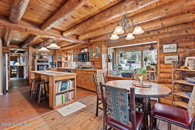 dining area with wood ceiling, log walls, beamed ceiling, and a notable chandelier