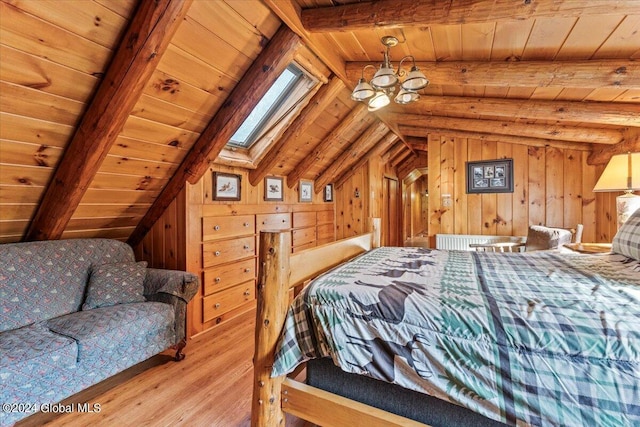 bedroom featuring wood walls, lofted ceiling with skylight, wood finished floors, and wood ceiling