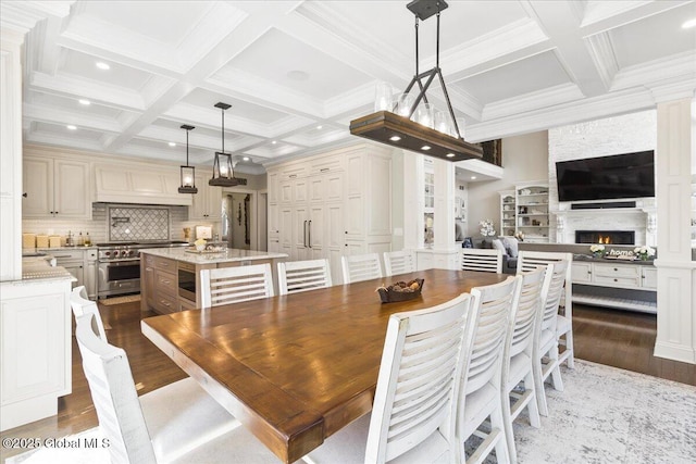 dining room featuring a fireplace, dark wood finished floors, recessed lighting, beamed ceiling, and coffered ceiling