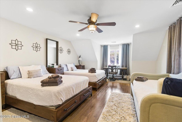 bedroom with visible vents, dark wood finished floors, a ceiling fan, recessed lighting, and vaulted ceiling