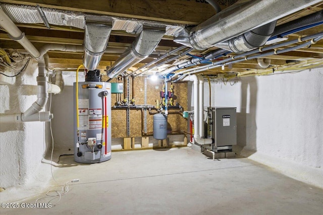 unfinished basement featuring water heater