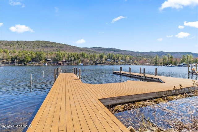 view of dock with a view of trees and a water and mountain view
