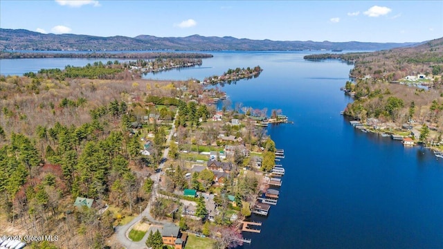 bird's eye view with a water and mountain view