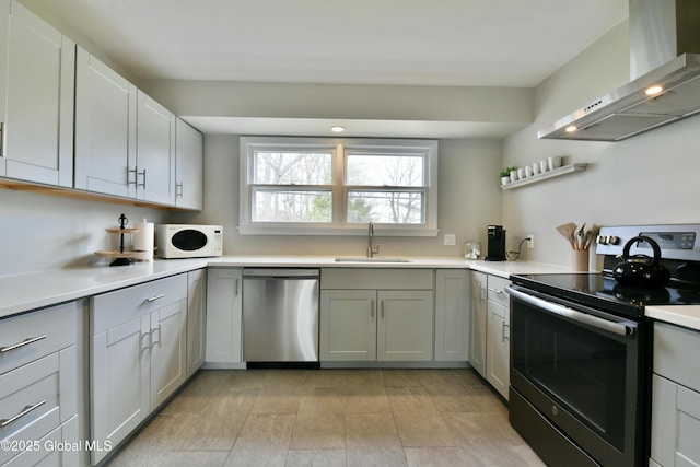 362 Lake Ave, Saratoga Springs, NY 12866 - kitchen featuring stainless steel dishwasher, a sink, white microwave, wall chimney exhaust hood, and electric stove