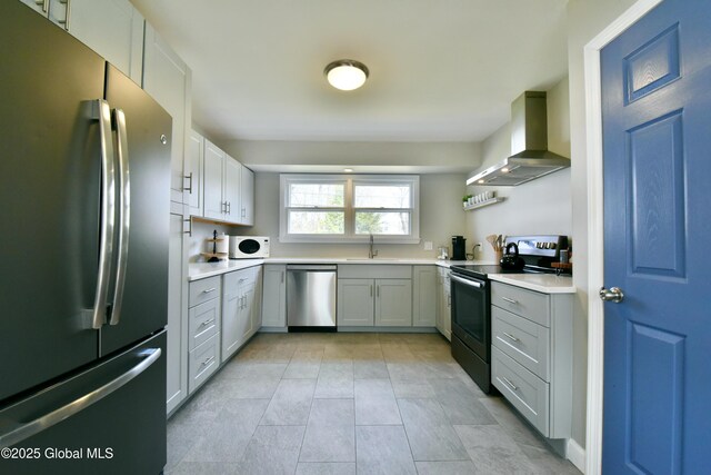 362 Lake Ave, Saratoga Springs, NY 12866 - kitchen featuring open shelves, a sink, gray cabinets, wall chimney exhaust hood, and stainless steel appliances