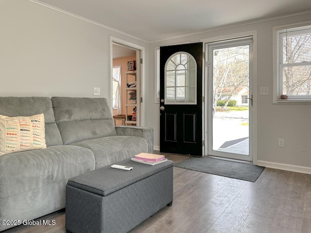 foyer featuring wood finished floors, ornamental molding, and baseboards