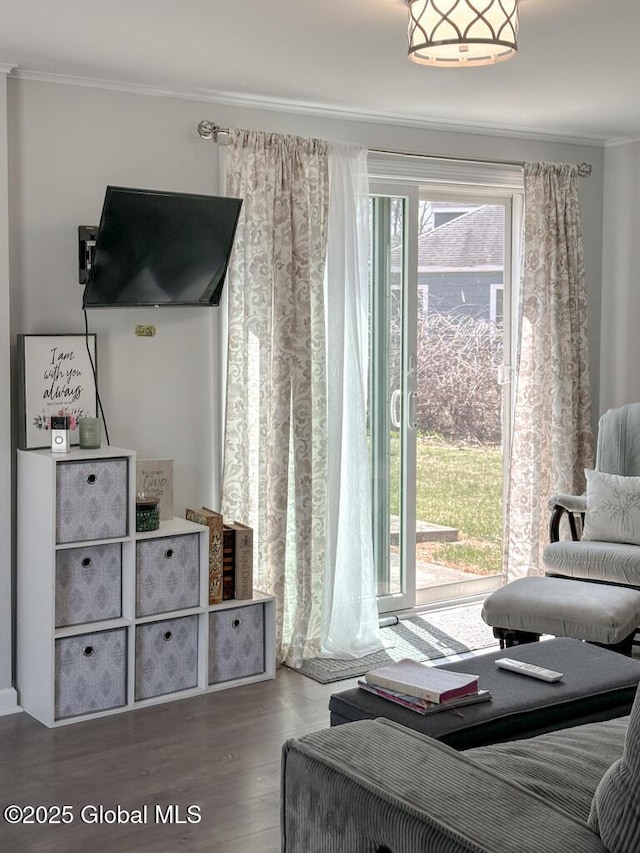 living area featuring wood finished floors and crown molding