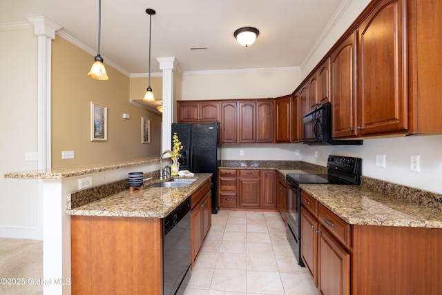 kitchen with light stone counters, a sink, decorative light fixtures, ornamental molding, and black appliances