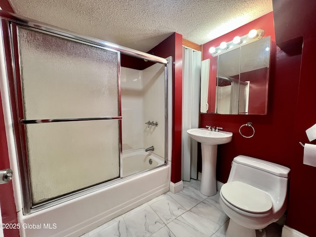 66 Jefferson St, Troy, NY 12180 - full bath with marble look tile flooring, toilet, bath / shower combo with glass door, and a textured ceiling