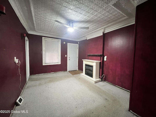 66 Jefferson St, Troy, NY 12180 - unfurnished living room with ceiling fan, a fireplace, an ornate ceiling, carpet flooring, and baseboards