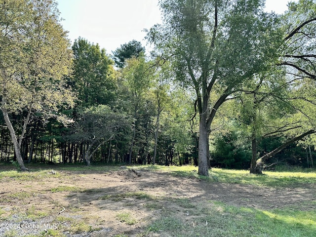 exterior space featuring a wooded view