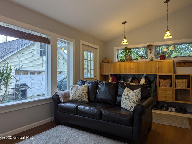 116 Dennie Rd, Mayfield, NY 12117 - living area with wood finished floors, baseboards, and lofted ceiling