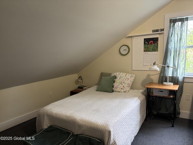 116 Dennie Rd, Mayfield, NY 12117 - bedroom featuring vaulted ceiling, carpet floors, and baseboards