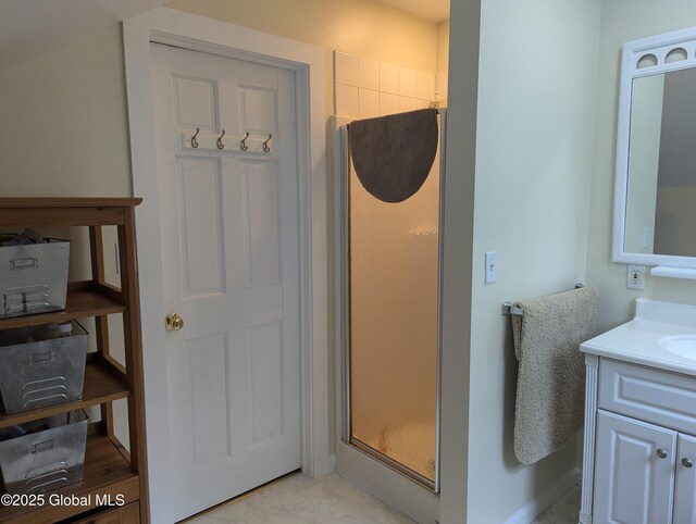 116 Dennie Rd, Mayfield, NY 12117 - bathroom with a stall shower, vanity, and baseboards