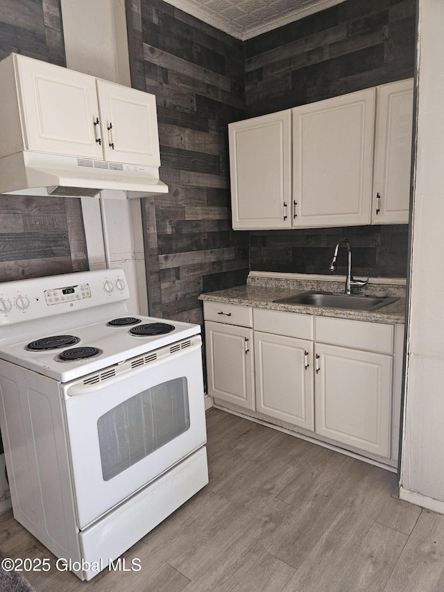 235 5th Ave, Troy, NY 12180 - kitchen with white electric range oven, under cabinet range hood, a sink, and white cabinetry