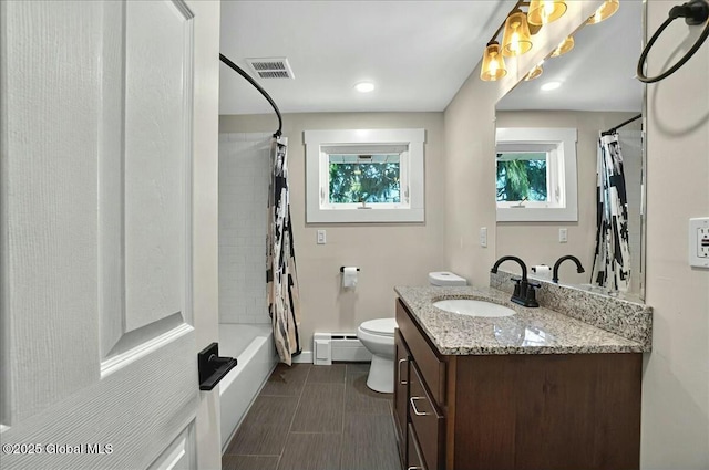 bathroom with shower / bath combo, a baseboard heating unit, vanity, toilet, and visible vents
