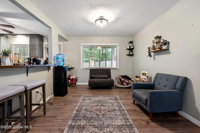 living area with a ceiling fan, healthy amount of natural light, and wood finished floors
