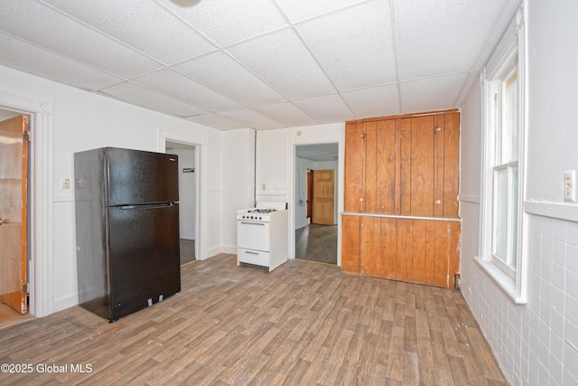kitchen with white gas range oven, wood finished floors, freestanding refrigerator, a paneled ceiling, and a wealth of natural light