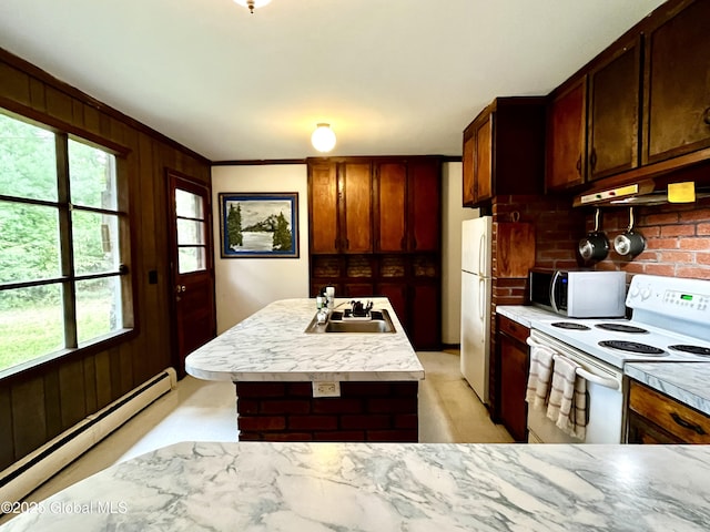 155 Bowen Hill Rd, Thurman, NY 12885 - kitchen with white appliances, baseboard heating, a sink, light countertops, and a center island