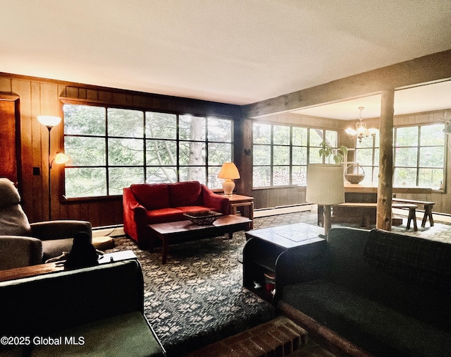 155 Bowen Hill Rd, Thurman, NY 12885 - carpeted living area featuring a baseboard radiator, a chandelier, plenty of natural light, and wood walls