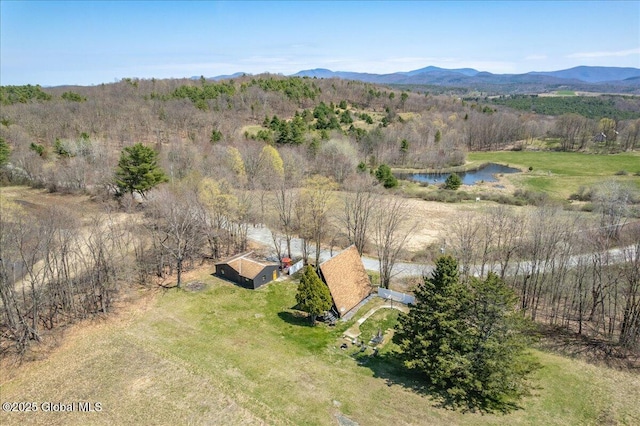 bird's eye view with a water and mountain view