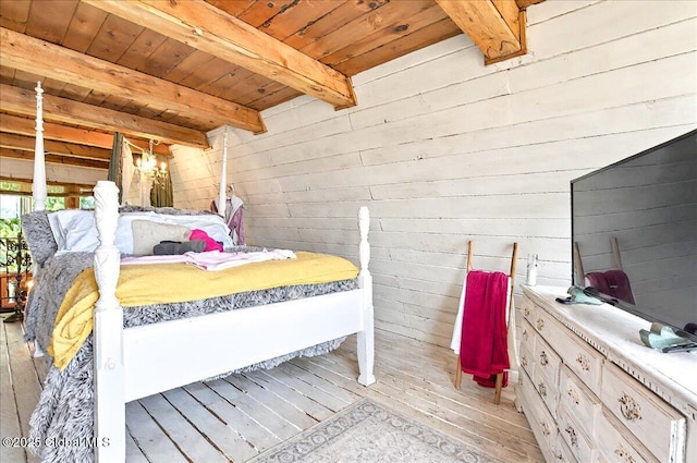 bedroom with wood walls, beamed ceiling, light wood finished floors, and wood ceiling