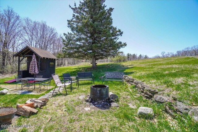 view of yard featuring an outdoor fire pit and an outdoor structure