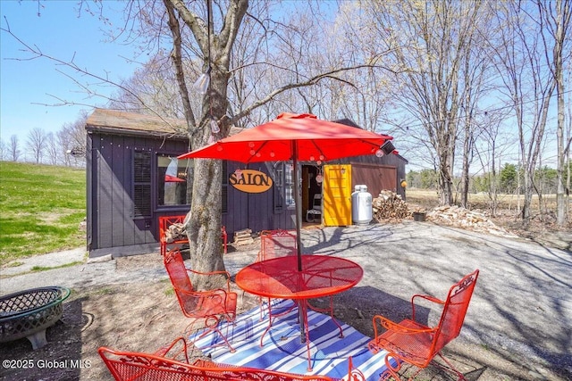 view of patio / terrace featuring an outdoor structure