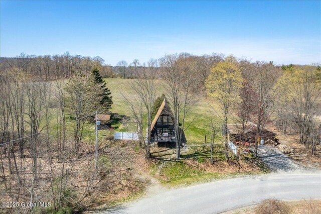 bird's eye view featuring a wooded view