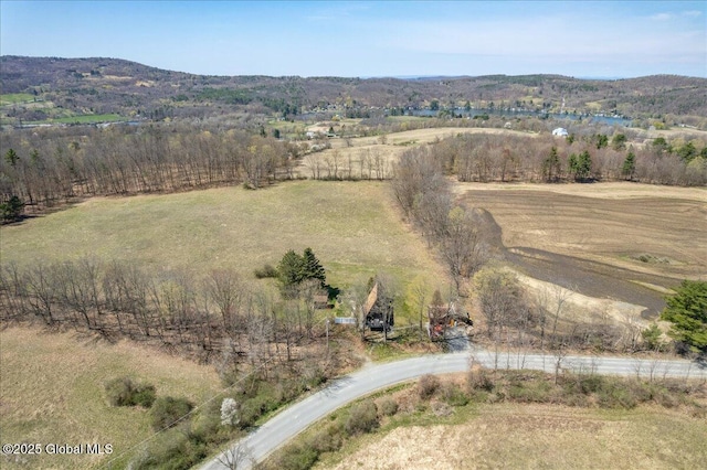 drone / aerial view featuring a mountain view and a rural view