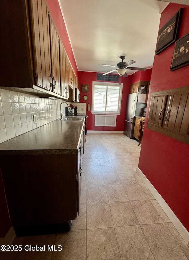 47 Washington Rd, Scotia, NY 12302 - kitchen with a sink, dark countertops, baseboards, ceiling fan, and appliances with stainless steel finishes