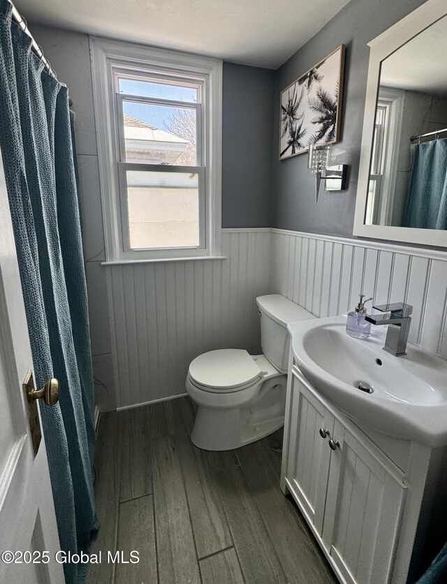 47 Washington Rd, Scotia, NY 12302 - bathroom featuring a wainscoted wall, toilet, wood finished floors, a shower with shower curtain, and vanity