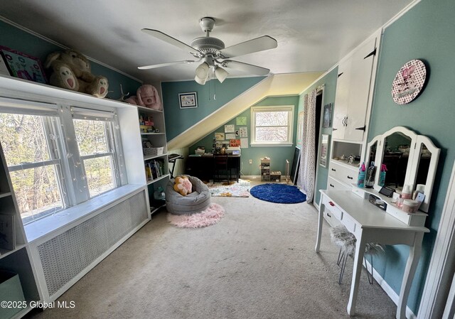 47 Washington Rd, Scotia, NY 12302 - recreation room with radiator heating unit, a ceiling fan, and carpet