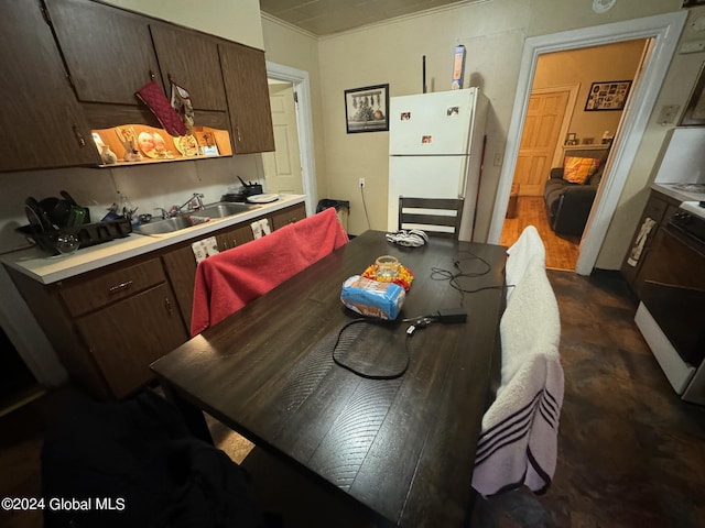 kitchen with dark brown cabinets, a sink, light countertops, and freestanding refrigerator