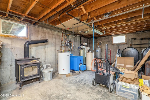 below grade area featuring a wood stove and gas water heater