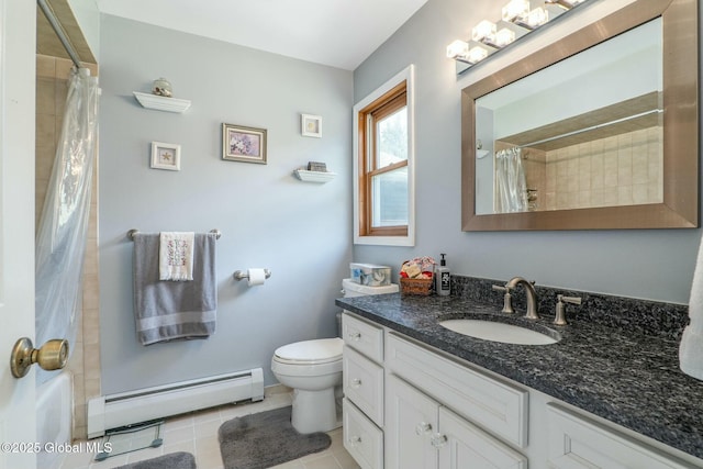 bathroom with a baseboard radiator, toilet, a shower with curtain, and vanity