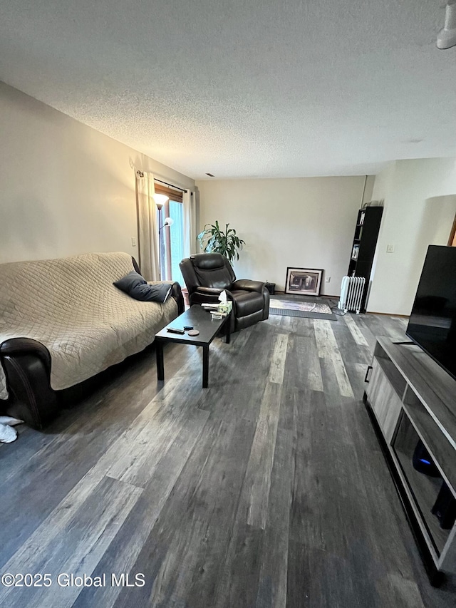 living room with wood finished floors and a textured ceiling