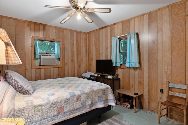 9 E Center St, Day, NY 12835 - bedroom featuring wooden walls, carpet flooring, a ceiling fan, and cooling unit
