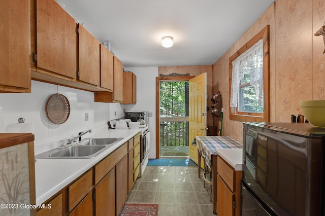 9 E Center St, Day, NY 12835 - kitchen featuring brown cabinets, range with gas cooktop, a sink, and light countertops