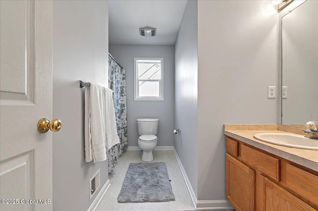 full bath with vanity, tile patterned flooring, visible vents, toilet, and baseboards
