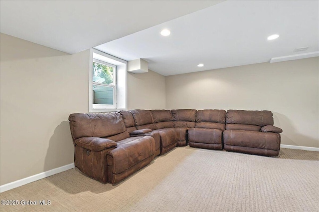 living area featuring baseboards, carpet flooring, and recessed lighting