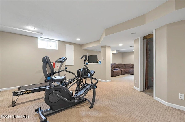 workout area with carpet floors, baseboards, and recessed lighting