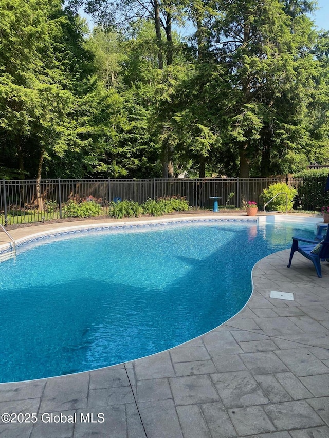 view of pool featuring a fenced in pool, a patio area, and fence