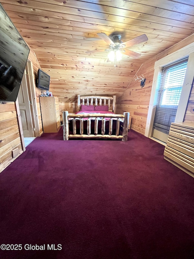 190 Wes Brown Rd, Cherry Valley, NY 13320 - bedroom with wood ceiling, wood walls, carpet flooring, lofted ceiling, and ceiling fan
