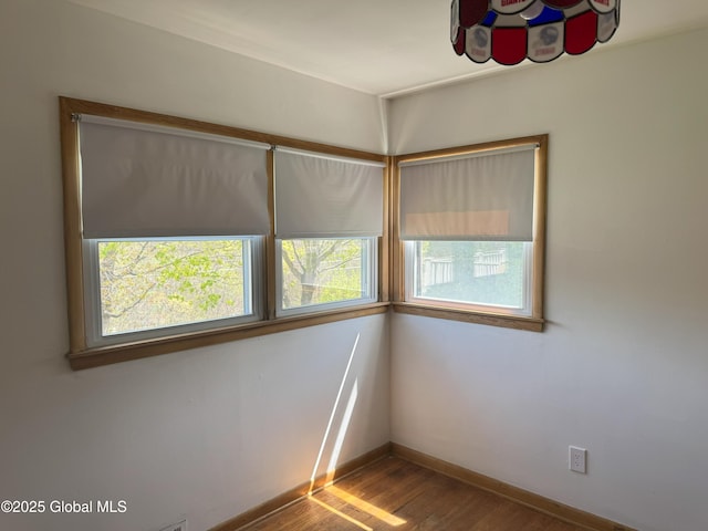 empty room featuring plenty of natural light, baseboards, and wood finished floors