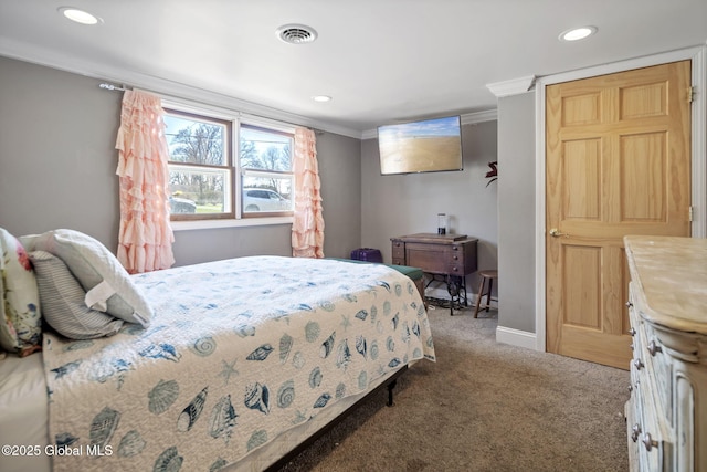 carpeted bedroom featuring recessed lighting, visible vents, crown molding, and baseboards